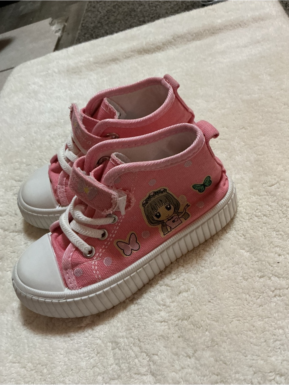 Kids Pink High-Top Sneakers with Cartoon & Butterfly Accents